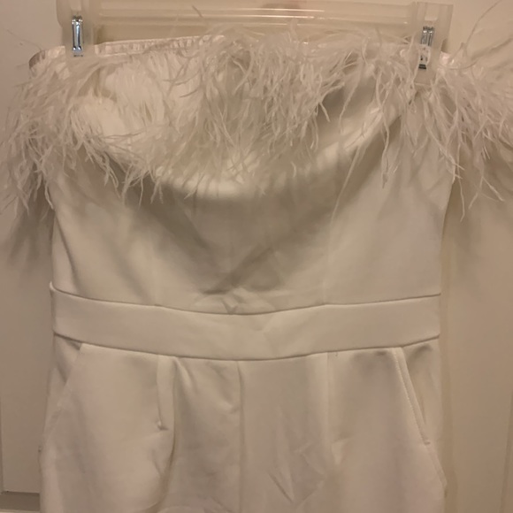 White Strapless Feather Trim Jumpsuit - Picture 7 of 7